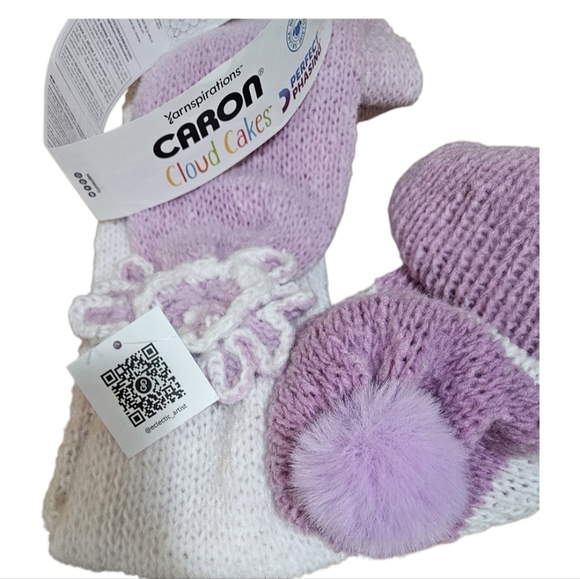 Hand Crafted 2pc Set Scaf & pom pom beanie purple crochet slauchy white striped - Picture 16 of 17